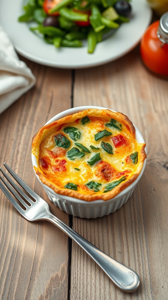 A golden crustless quiche in a ramekin with spinach and cheese, served with a fork and salad on a wooden table.